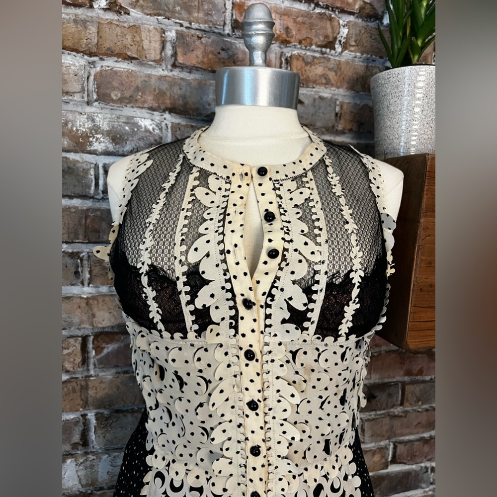 Anthropologie Beguile Byron Lars Laser Cut Midi Black Cream Sheath Dress ~ Sz 6 - Picture 6 of 16
